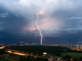 Summer thunderstorm with lightning over Moscow, Russia